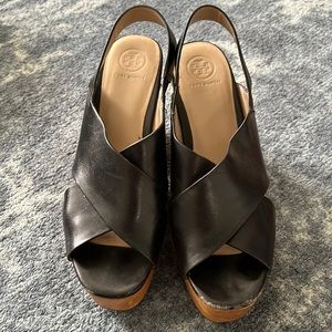 Tory Burch black leather, platform wooden heeled wedge.